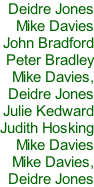 Deidre Jones Mike Davies John Bradford Peter Bradley Mike Davies, Deidre Jones Julie Kedward Judith Hosking Mike Davies Mike Davies, Deidre Jones