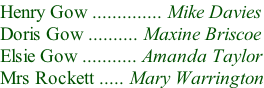 Henry Gow .............. Mike Davies Doris Gow .......... Maxine Briscoe Elsie Gow ........... Amanda Taylor Mrs Rockett ..... Mary Warrington