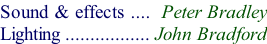 Sound & effects ....  Peter Bradley Lighting ................. John Bradford